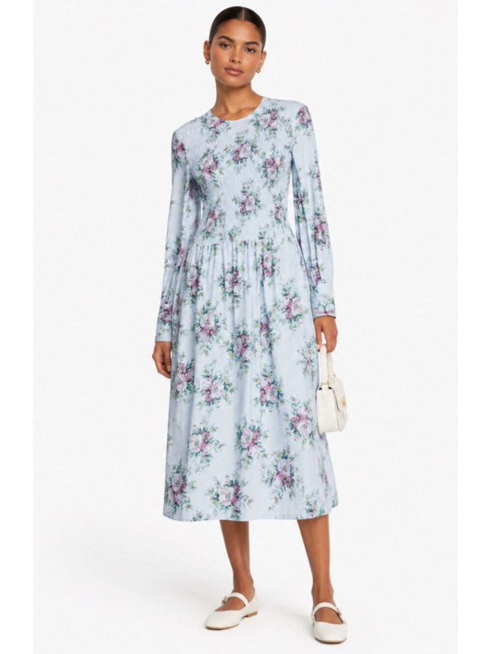 Ganni Shirred Floral Print Cotton-Poplin Midi Dress